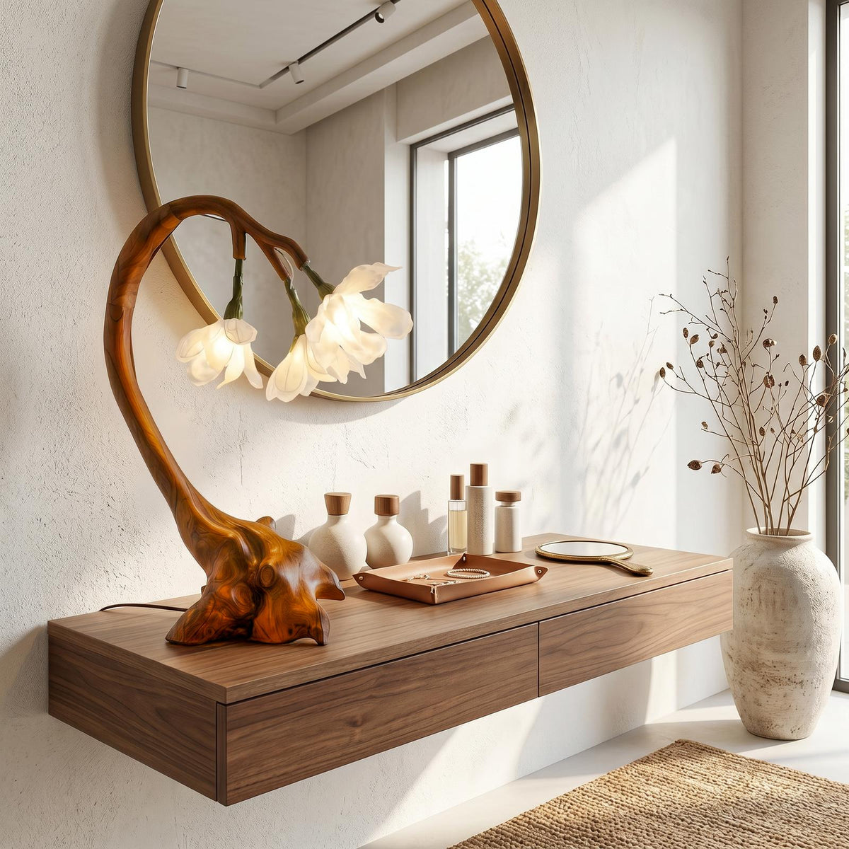 Organic Flower Table Lamp, Sculptural Solid Wood Base Bedside Reading Light for Living Room & Bedroom
