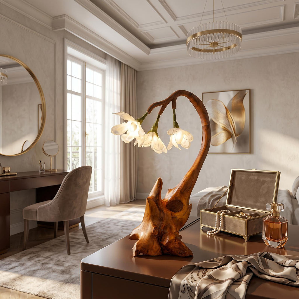 Modern Floral Table Lamp With Sculptural Wood Base For Living Room