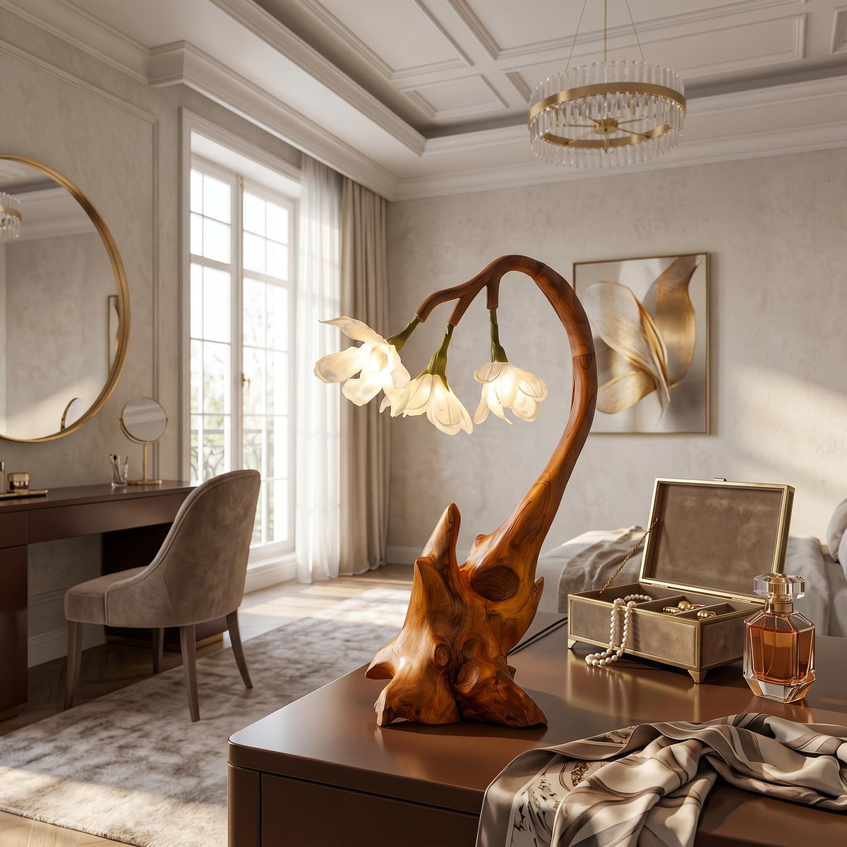 Modern Floral Table Lamp With Sculptural Wood Base For Living Room