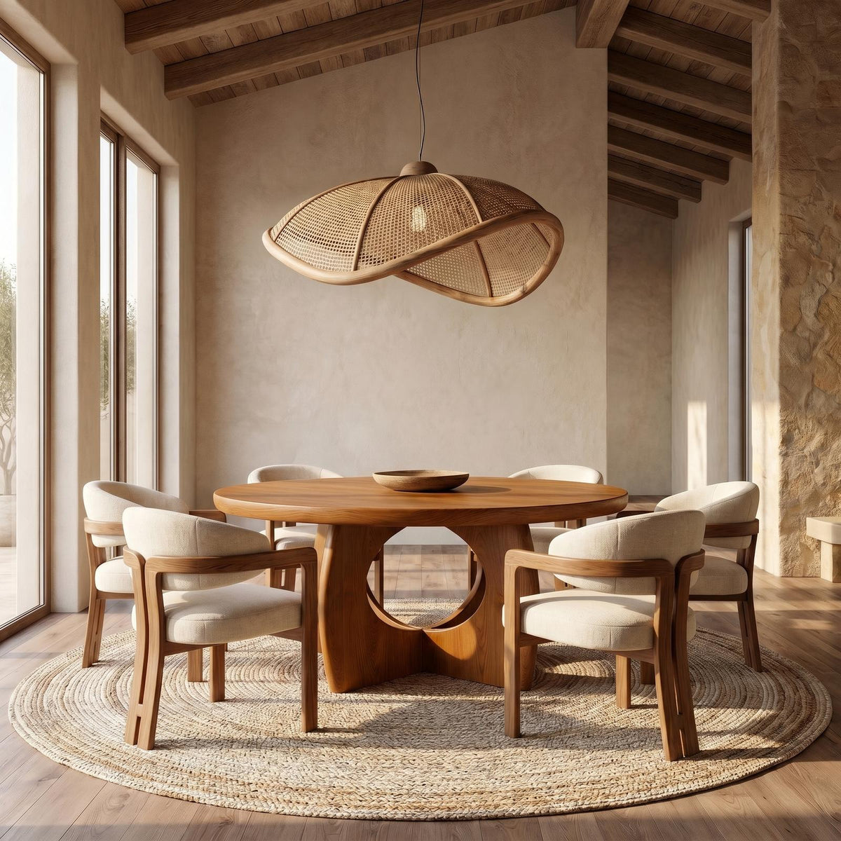 Organic Round Dining Table with Cutout Base, Handcrafted Solid Wood Kitchen Dining Room Table