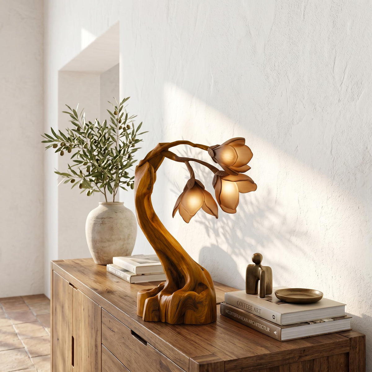Organic Floral Table Lamp, Handcrafted Sculptural Solid Wood Base Accent Light for Bedroom & Living Room Nightstand