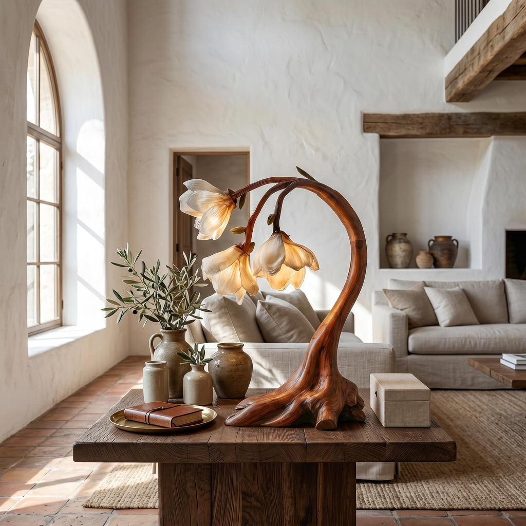Rustic Floral Table Lamp, Handcrafted Sculptural Driftwood Base Nightstand Light for Living Room & Bedroom