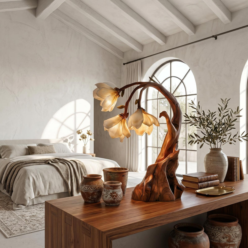 Contemporary Floral Table Lamp with Sculptural Solid Wood Base, Modern Bedside Desk Nightstand Lamp for Bedroom