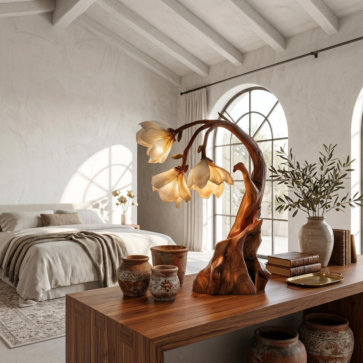 Contemporary Floral Table Lamp with Sculptural Solid Wood Base, Modern Bedside Desk Nightstand Lamp for Bedroom