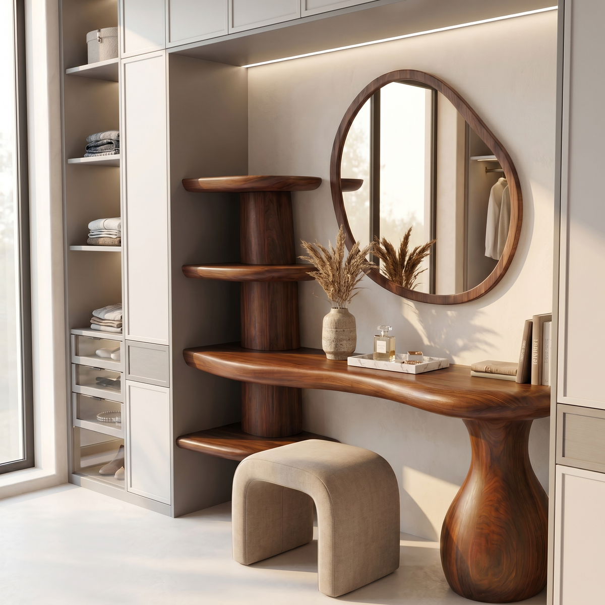 Organic Corner Vanity Table, Space-Saving Solid Wood Makeup Desk with Mirror & Storage Drawers for Small Bedrooms
