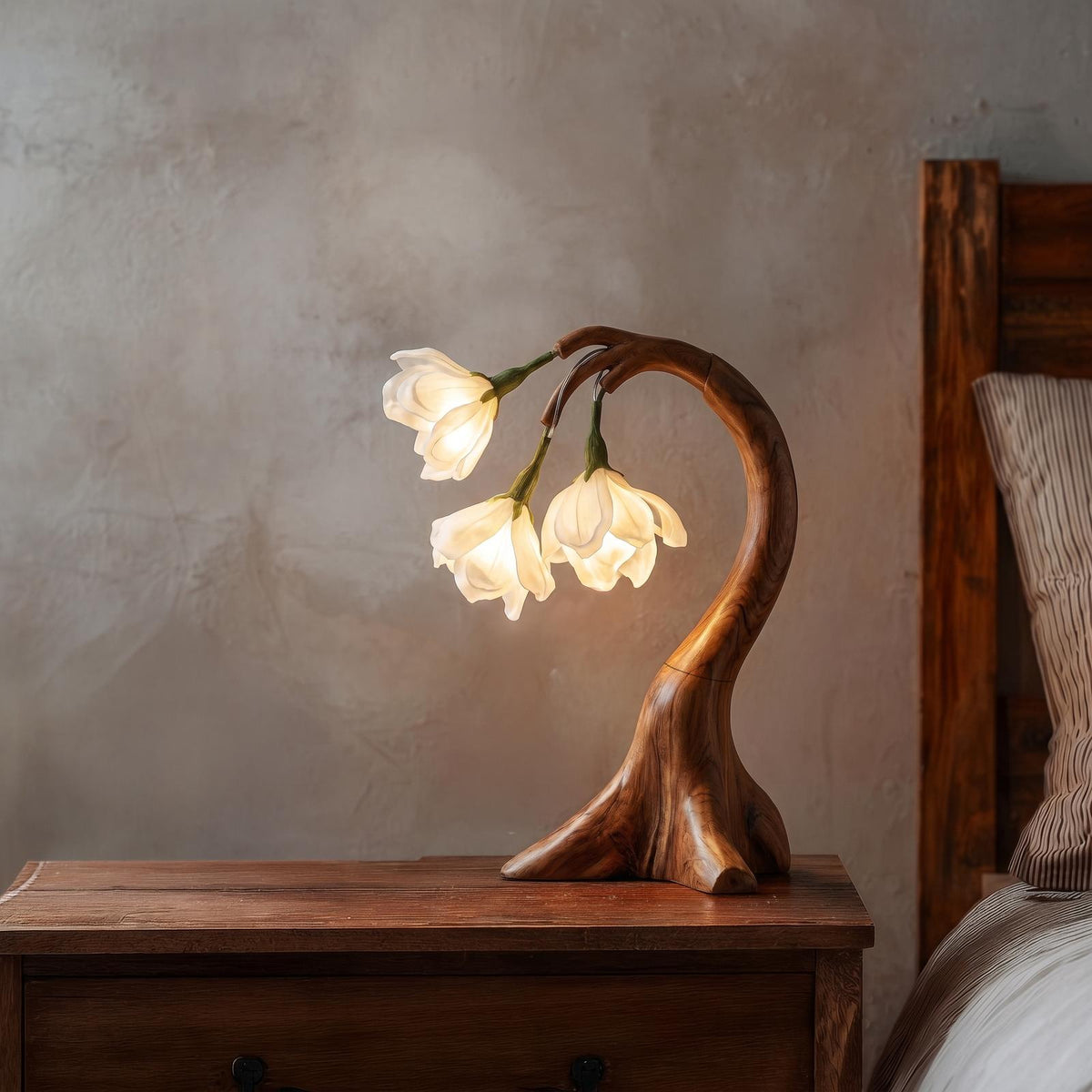 Modern Floral Table Lamp with Sculptural Curved Wood Base, Elegant Bedside Desk Nightstand Reading Light