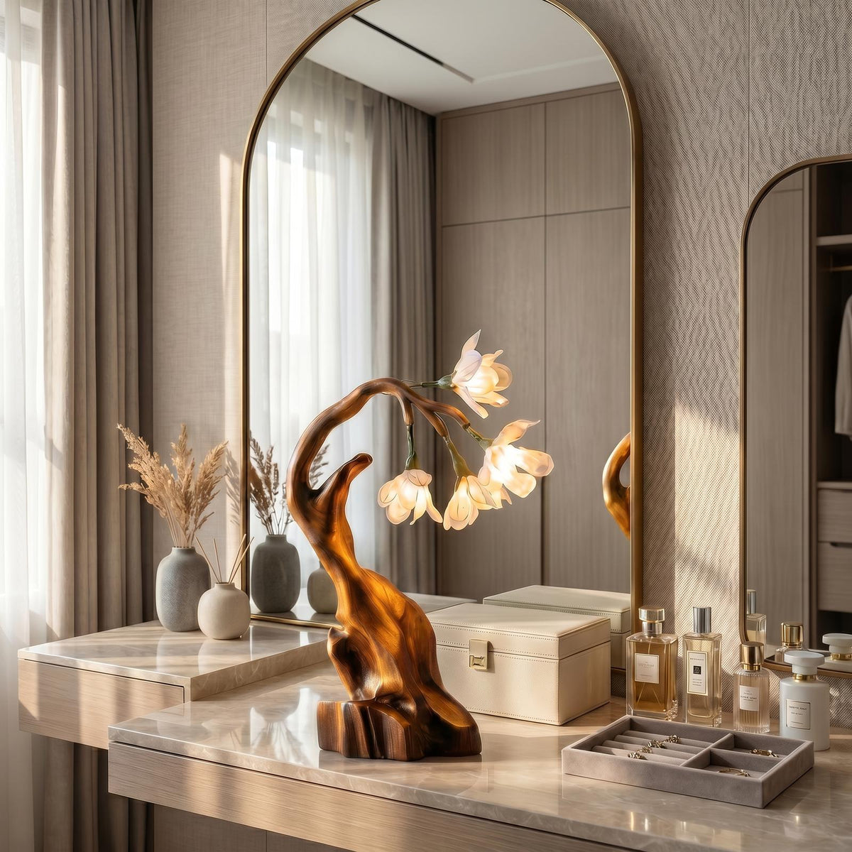Luxury Floral Table Lamp with Sculptural Driftwood Base, Handcrafted Wooden Bedside Desk Light for Bedroom