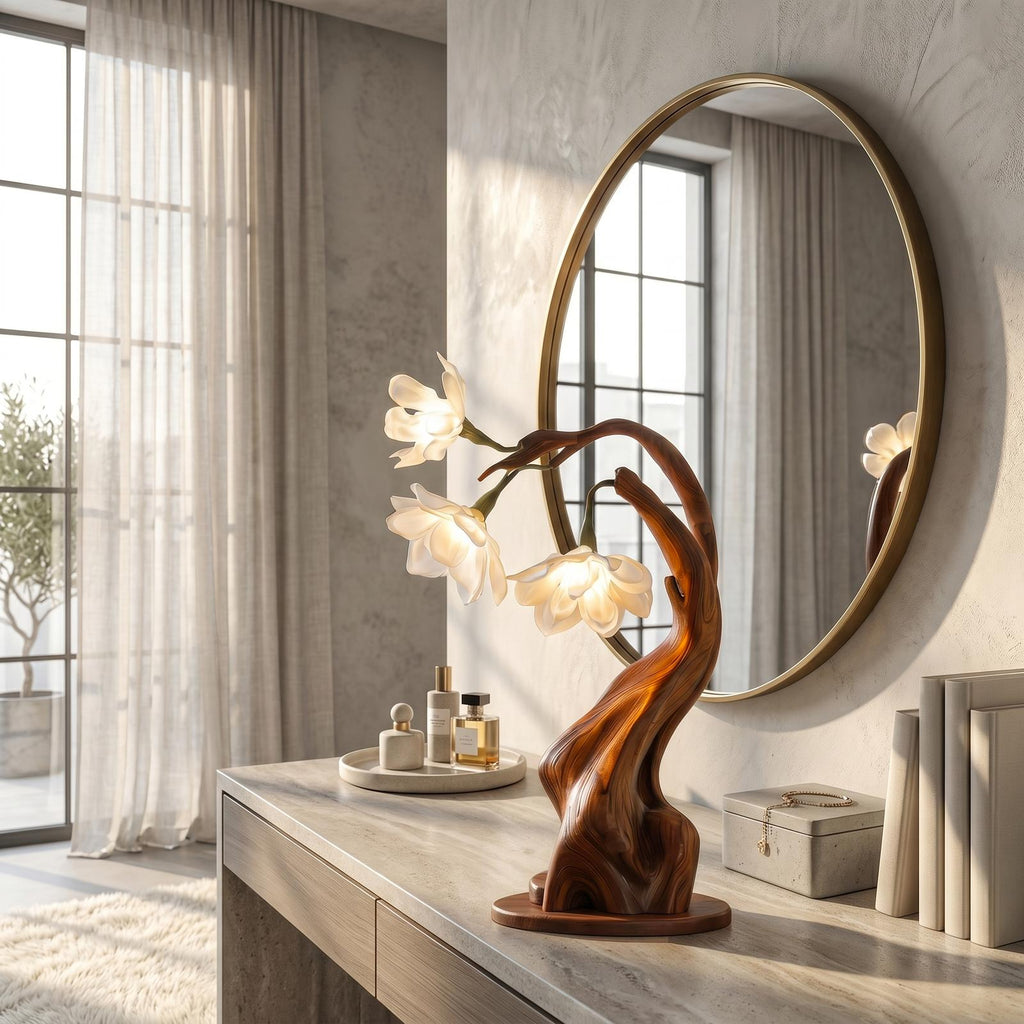 Contemporary Floral Table Lamp with Twisted Solid Wood Base, Elegant Bedside Desk Nightstand Light For Living Room