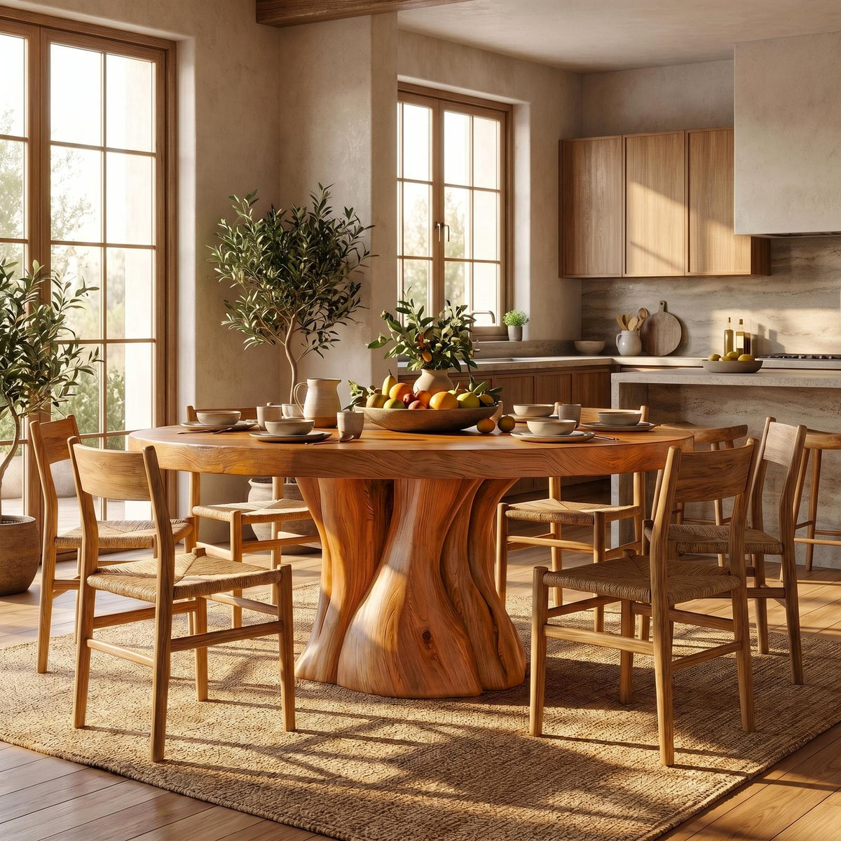 Organic Rustic Round Dining Table, Handcrafted Solid Wood Kitchen Table for Country Home Dining Room