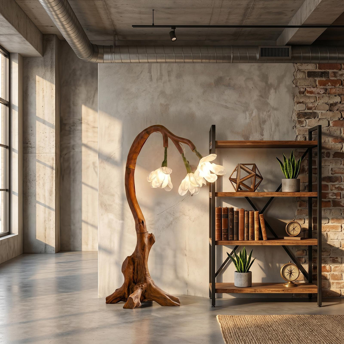 Organic Modern Floral Floor Lamp, Nature-Inspired Wooden Flower Leaf Standing Light for Bedroom, Model
