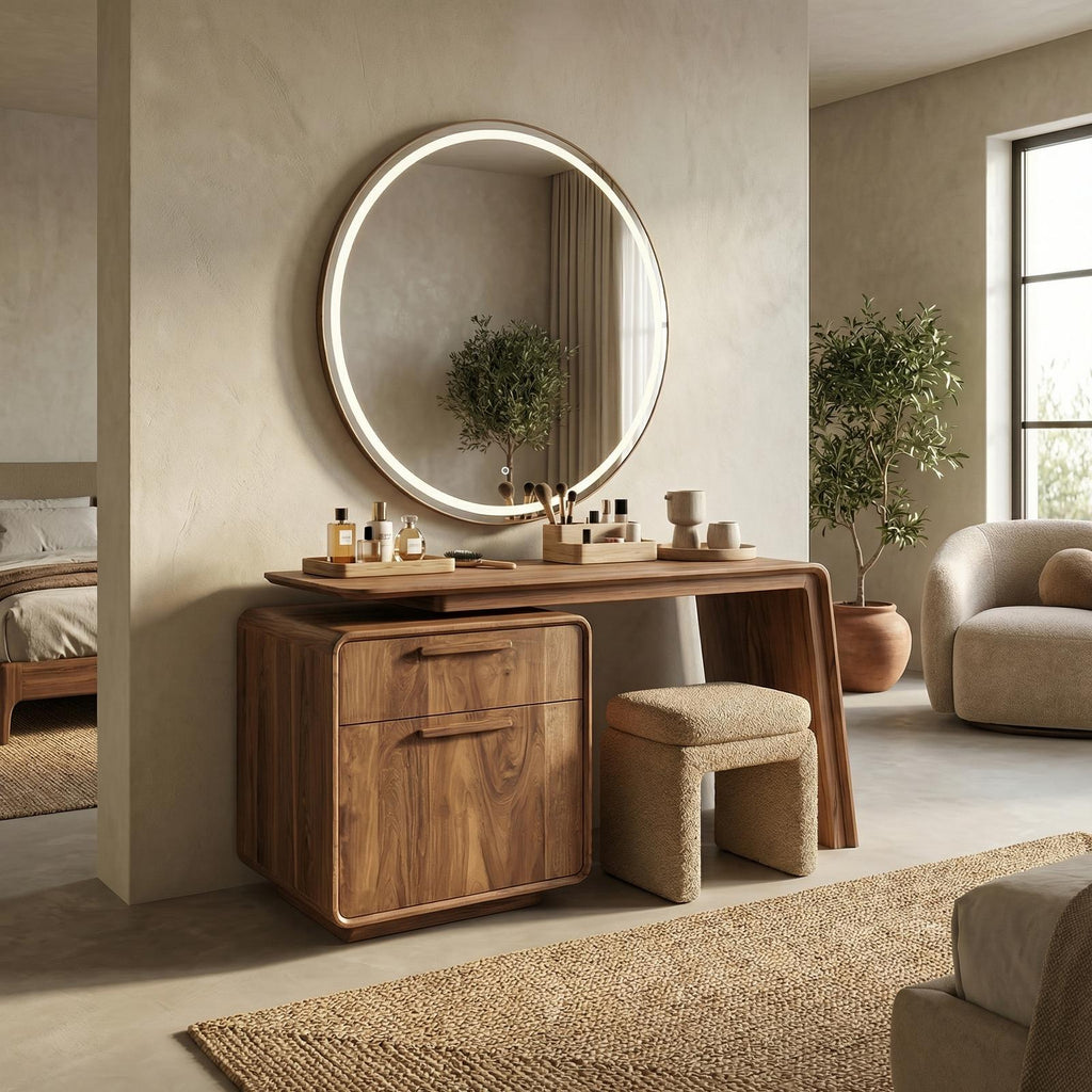 Spry Interior Modern Minimalist Dressing Table with Storage, Solid Wood Sculptural Makeup Vanity Desk for Bedroom Decor, SINLSABDT052