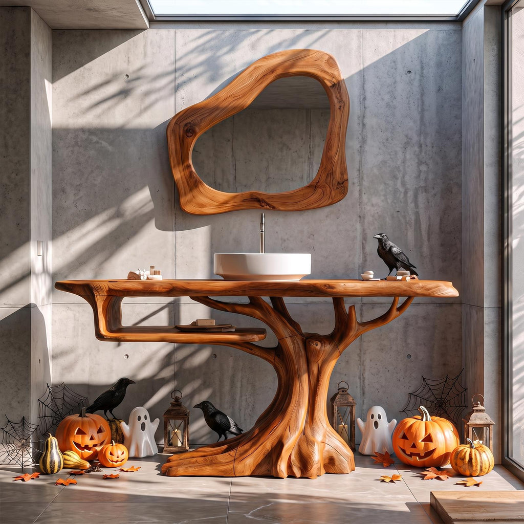 Rustic Halloween Wooden Bathroom Vanity With Branch Inspired Frame For Bathroom