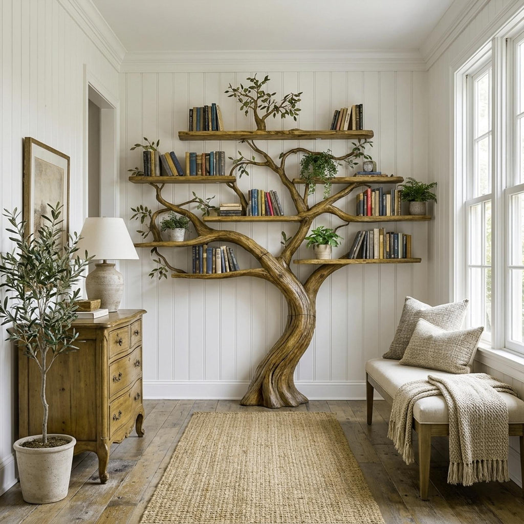 Organic Modern Large Tree Bookshelf, Freestanding Solid Wood Branch Bookcase & Storage Unit for Study & Library