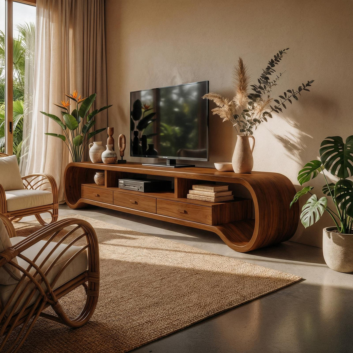 Rustic Curved TV Cabinet, Solid Wood Media Console Entertainment Center for Living Room Storage