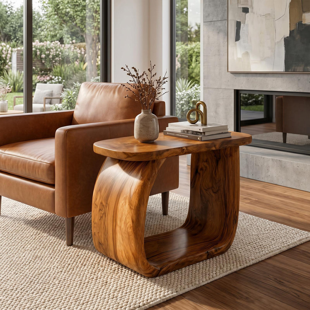 Minimal Wooden Bedside Table with Curved Open Frame, Handcrafted Modern Side Table & Nightstand for Living Room