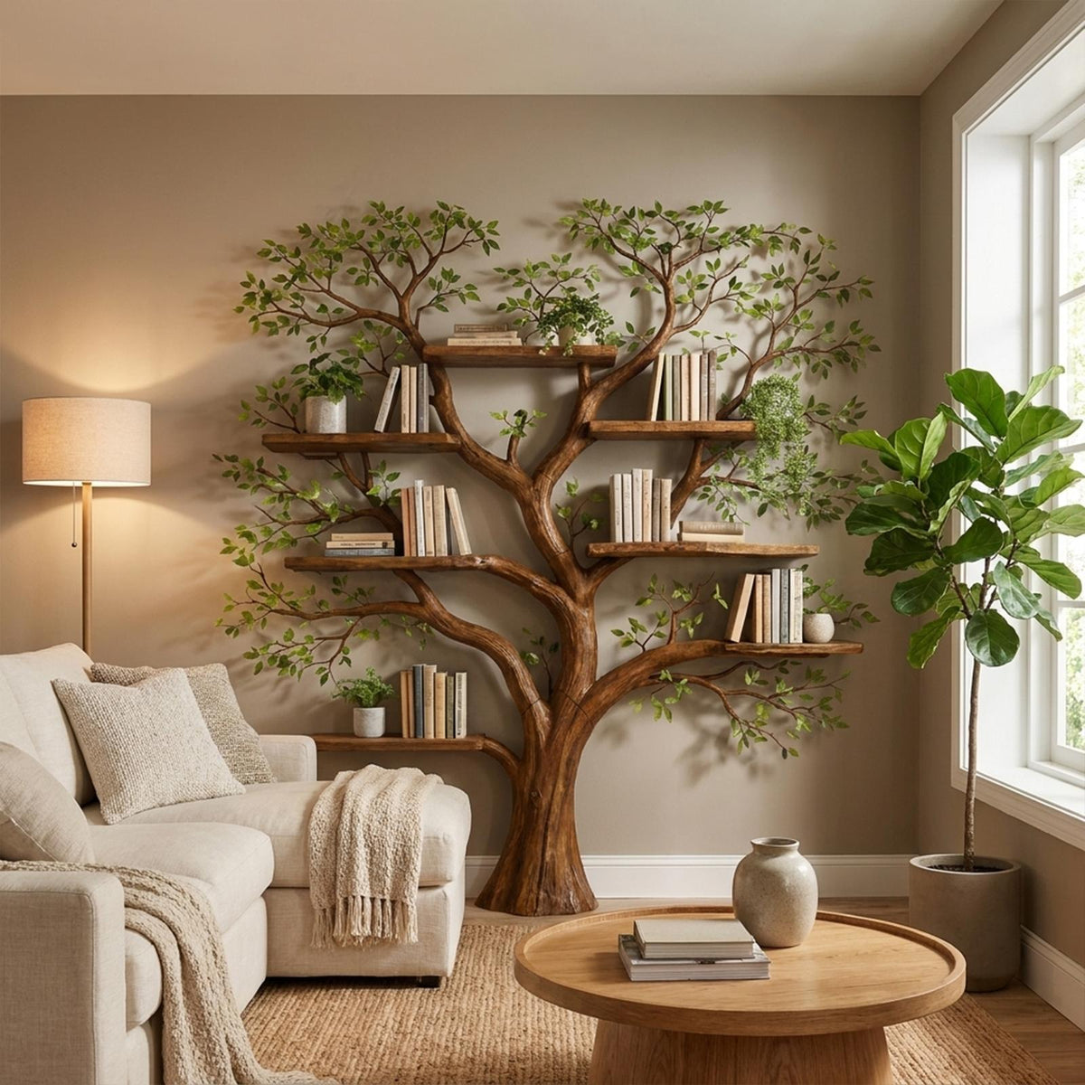 Handcrafted Wood Tree Storage Bookcase, Wall Mounted Floating Branch Display Shelf Statement Piece for Living Room