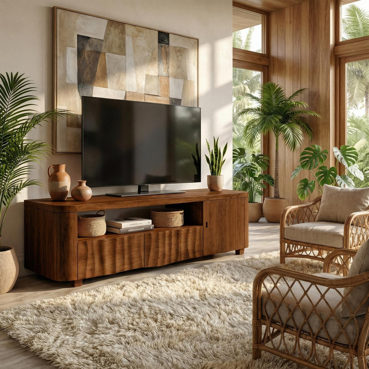 Modern TV Cabinet, Solid Wood Media Console with Storage Drawer & Shelves for Living Room
