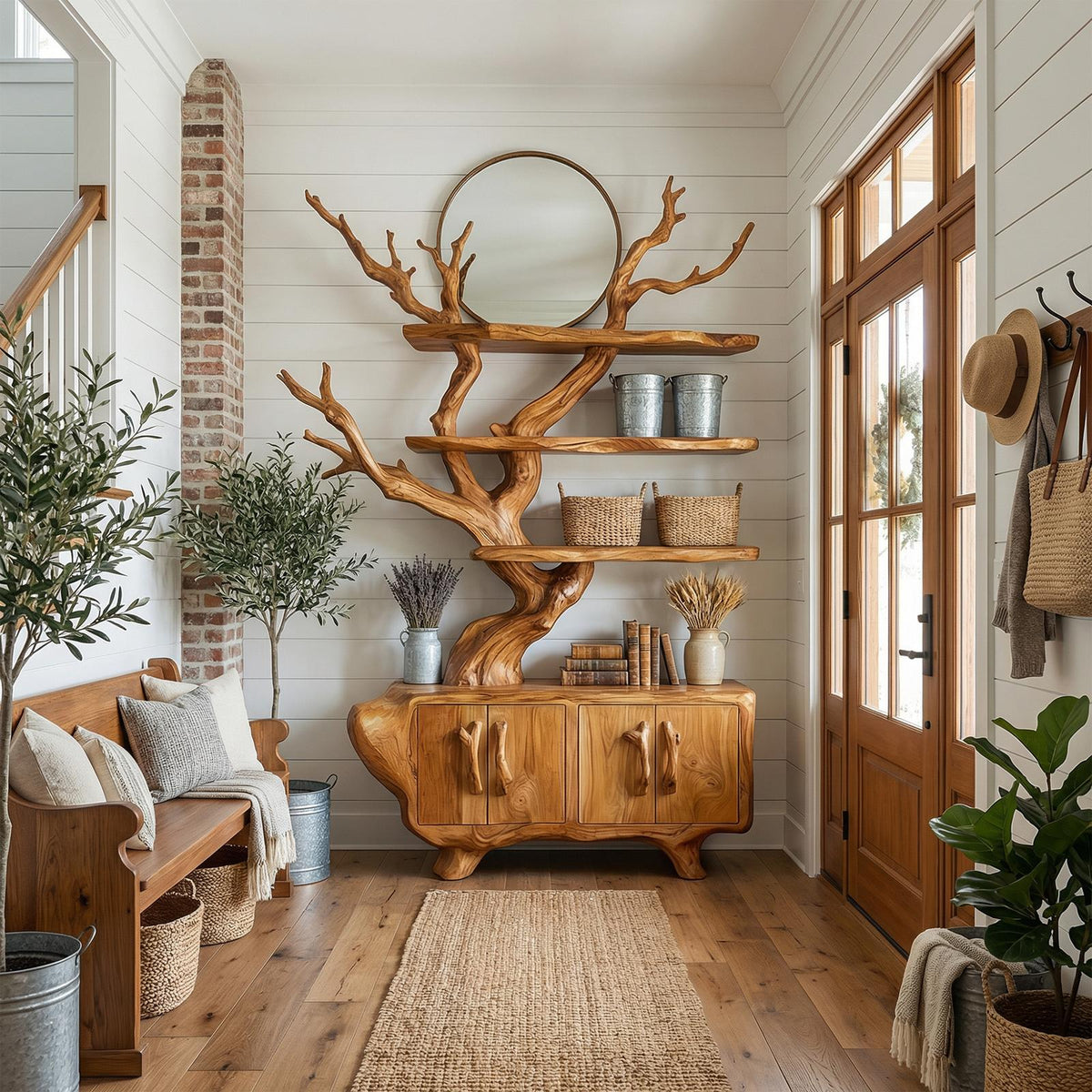 Tree Branch Bookshelf with Storage Cabinet, Solid Wood Artistic Bookcase, Modern Living Room display Unit