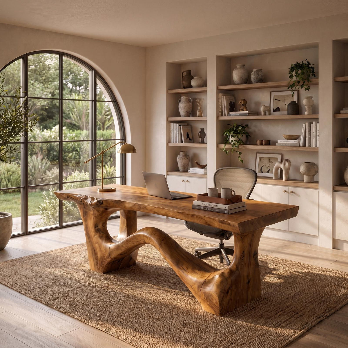 Organic Sculptural Desk, Asymmetrical Solid Wood Base & Writing Desk Top for Office & Study