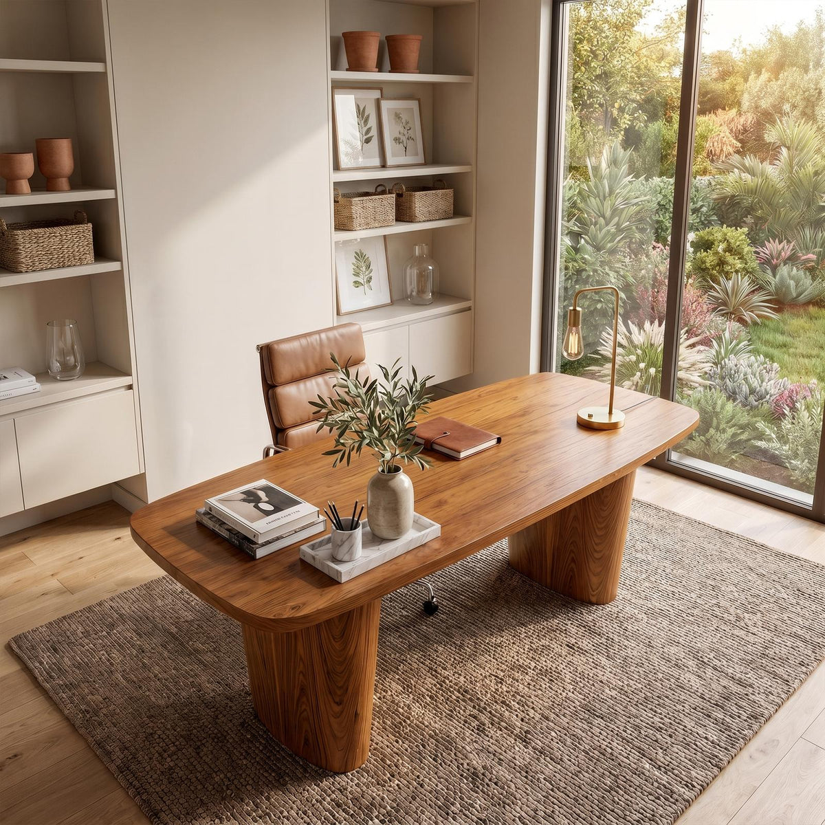 Modern Executive Wooden Desk, Sculptural Solid Wood Base Writing Desk for Home Office & Workspace