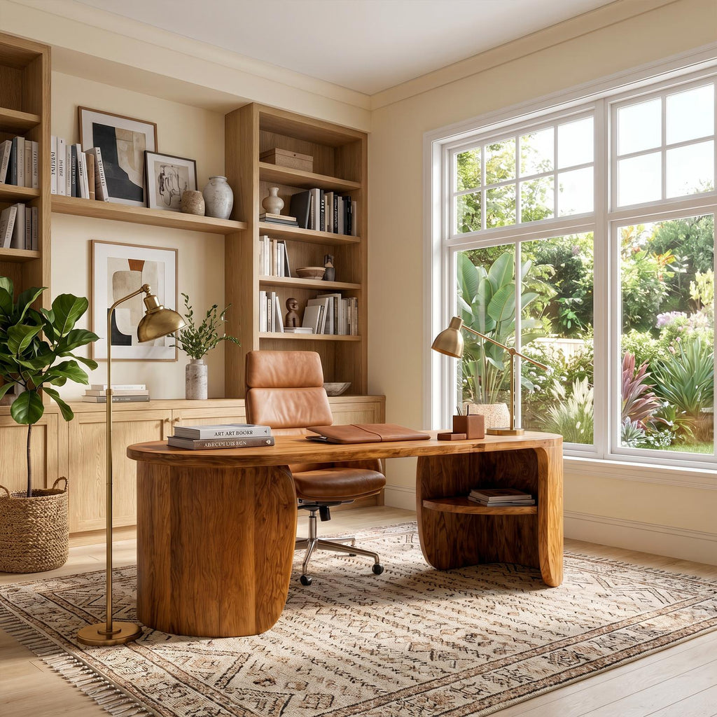 Minimalist Solid Wood Desk, Clean Lines Writing Desk with Built-In Storage Drawers for Home Office