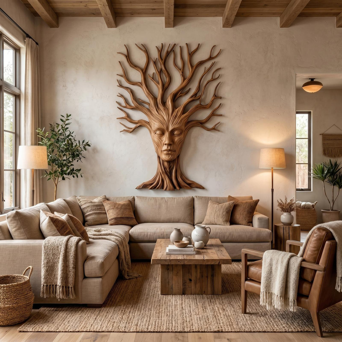 Mystical Tree Spirit Wooden Wall Art, Hand-Carved Sculptural Face Design Decor for Entryway & Living Room