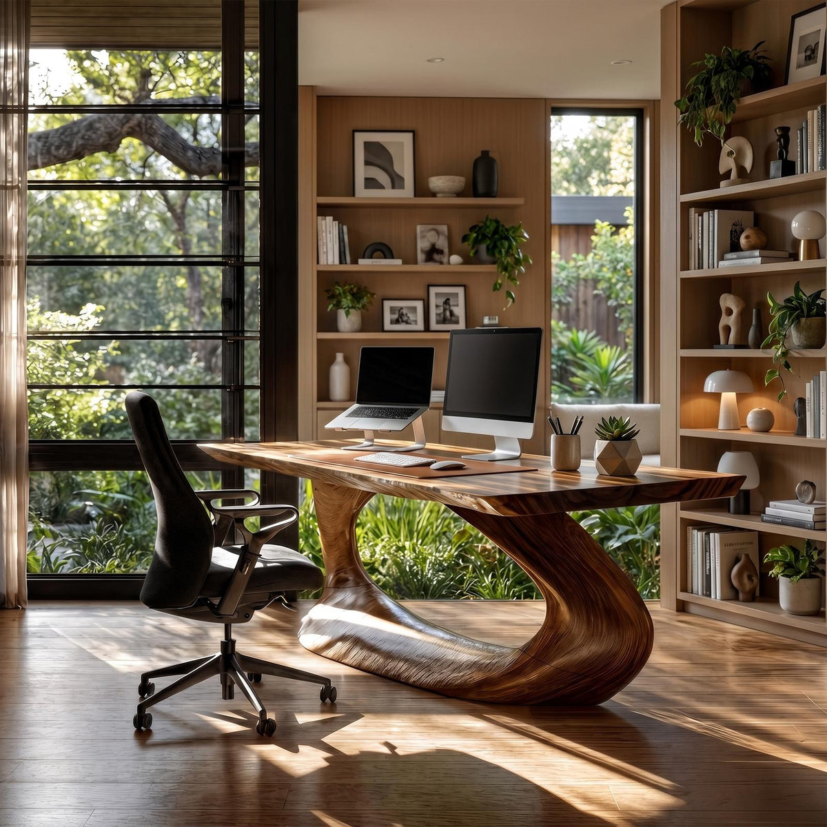 Rustic Desk With Sculptural Curved Base For Home Office