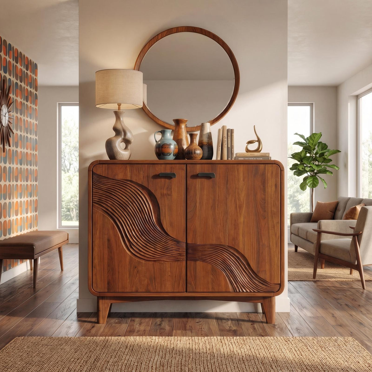 Mid-Century Sculptural Storage Cabinet, Solid Wood Sideboard Buffet Credenza for Living Room, Dining Room