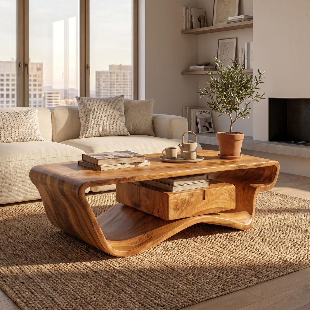 Curved Sculptural Coffee Table with Storage Drawer, Modern Solid Wood Center Accent Table