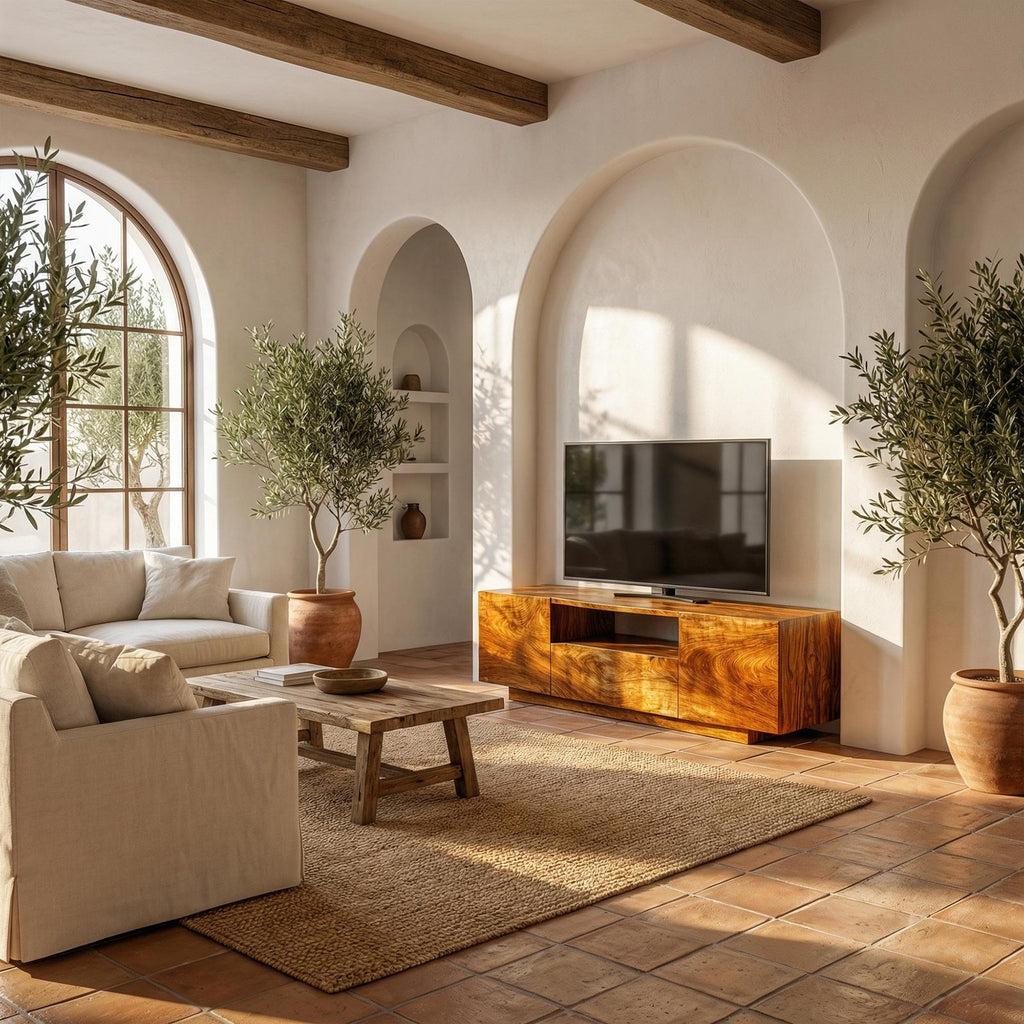Modern Rustic TV Cabinet, Solid Wood Low Profile Block TV Stand, Living Room Media Console Unit
