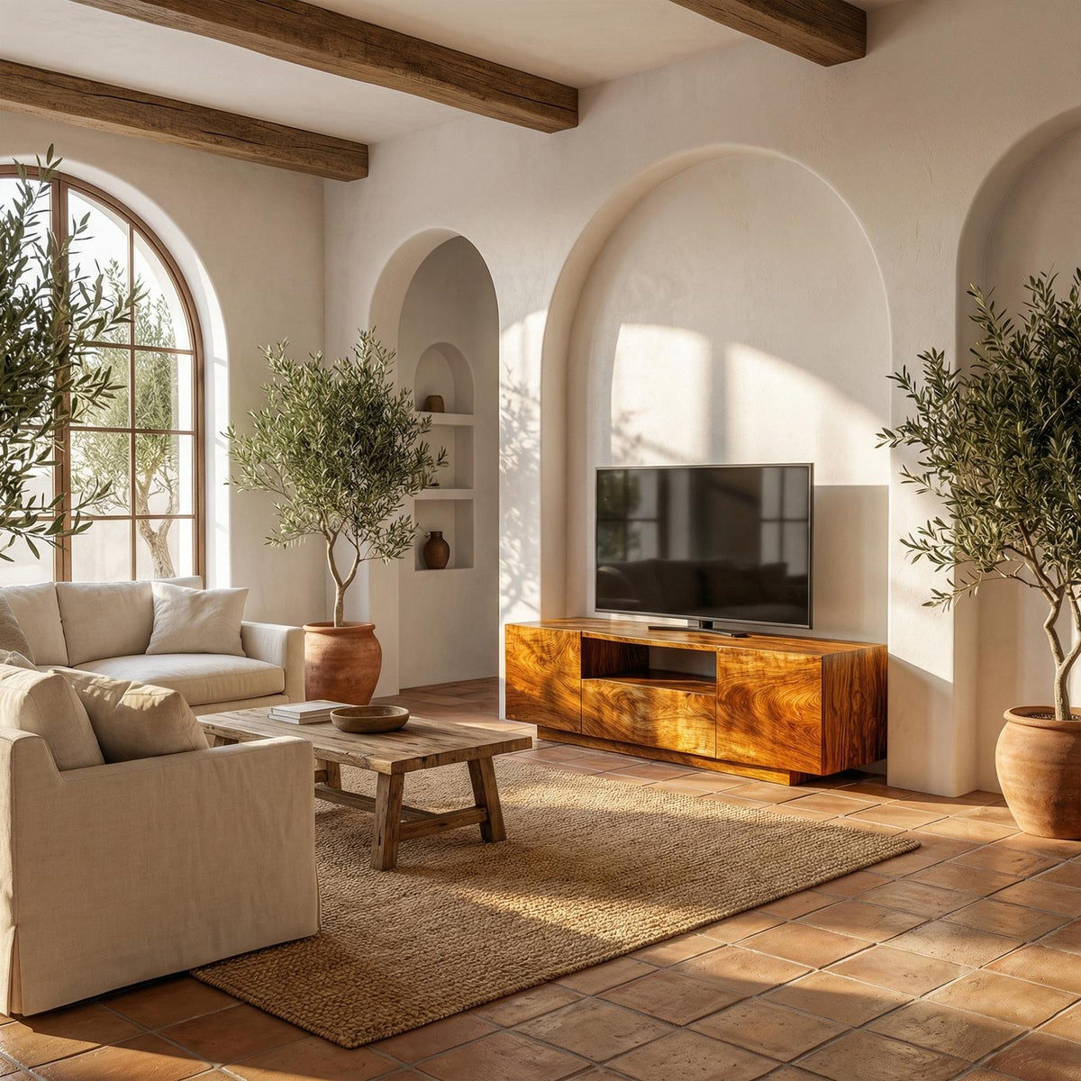 Modern Rustic TV Cabinet, Solid Wood Low Profile Block TV Stand, Living Room Media Console Unit