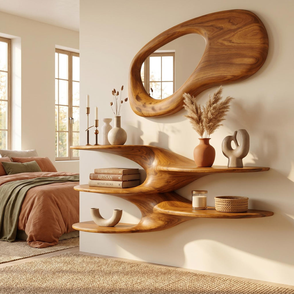Sculptural Floating Wall Shelf, Handcrafted Solid Wood Wave Display Ledge for Bedroom & Living Room