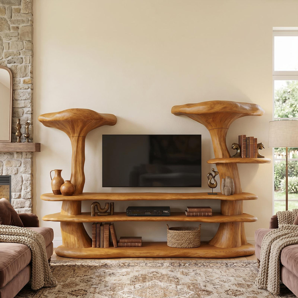 Organic Mushroom TV Stand, Sculptural Solid Wood Entertainment Center, TV Console Media Cabinet for Living Room