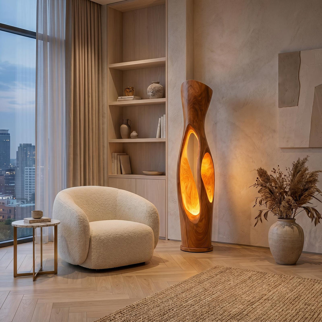 Modern Organic Wood Floor Lamp, Illuminated Hollow Trunk Design, LED Standing Light for Living Room and Bedroom