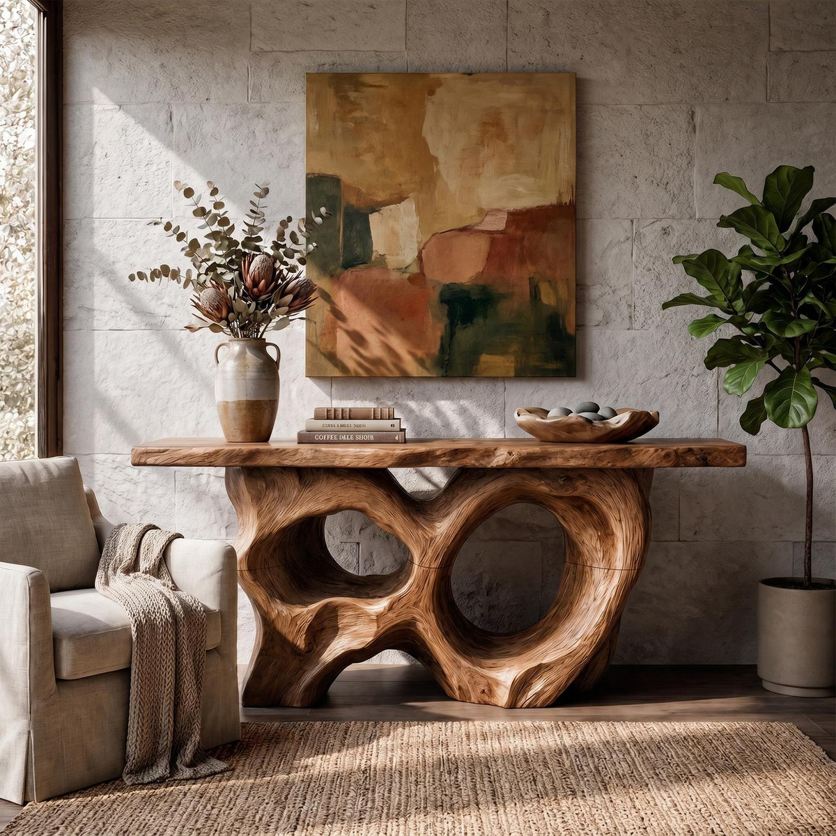 Modern Console Table With Sculptural Asymmetrical Wood Base For Living Room
