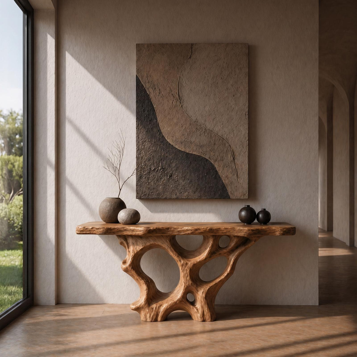 Organic Solid Wood Console Table with Sculptural Natural Wood Base, Unique Entryway Sofa Table for Living Room