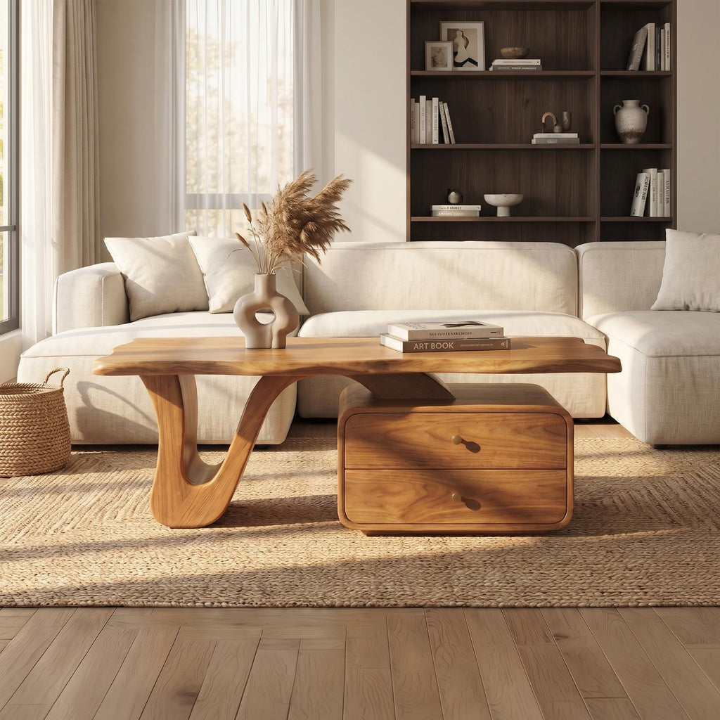 Modern Coffee Table with Storage, Handcrafted Solid Wood Center Accent Table for Living Room Lounge