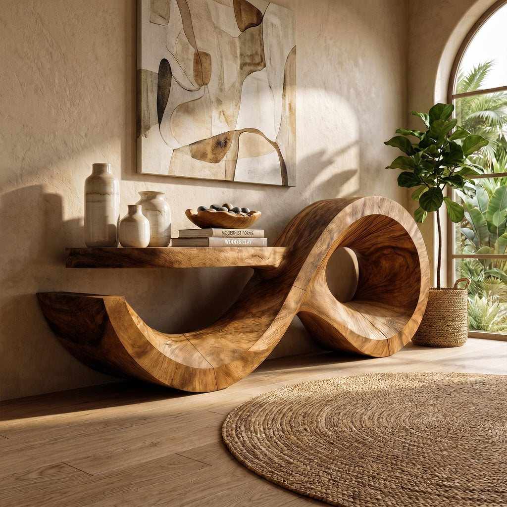 Contemporary Solid Wood Console Table with Sculptural Wave Base, Modern Entryway Sofa Table for Living Room