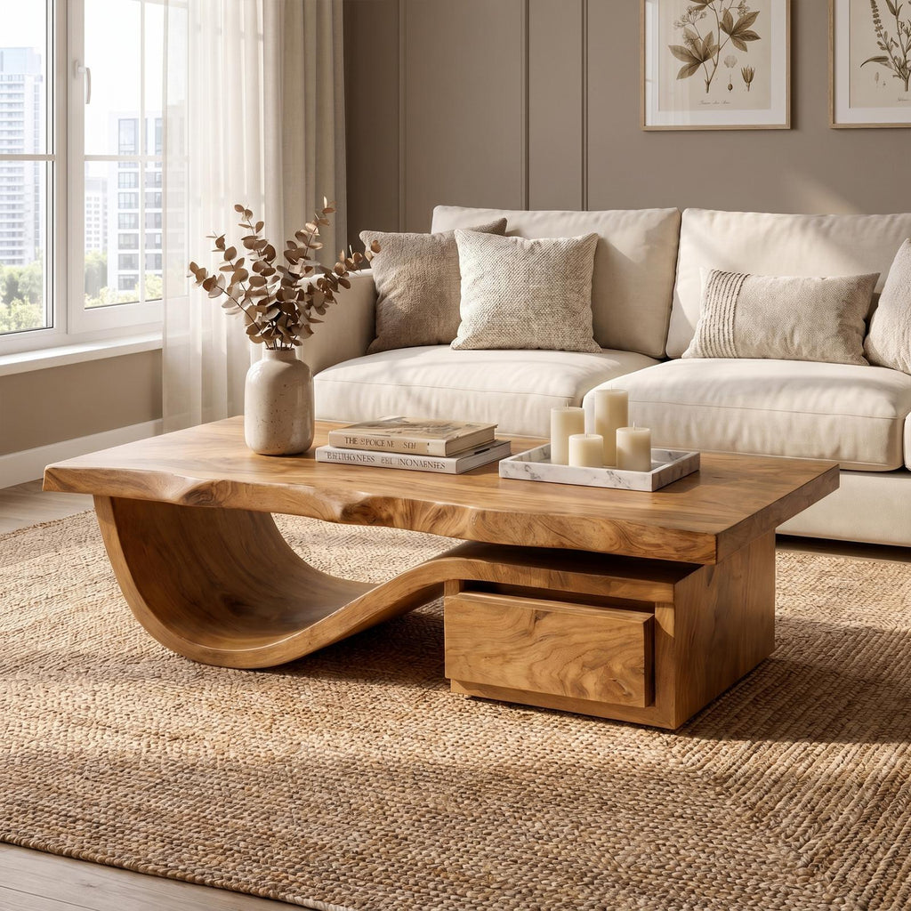 Spry Interior Modern Organic Coffee Table with Storage, Solid Wood Center Table & Living Room Accent Furniture, SINLKICF362
