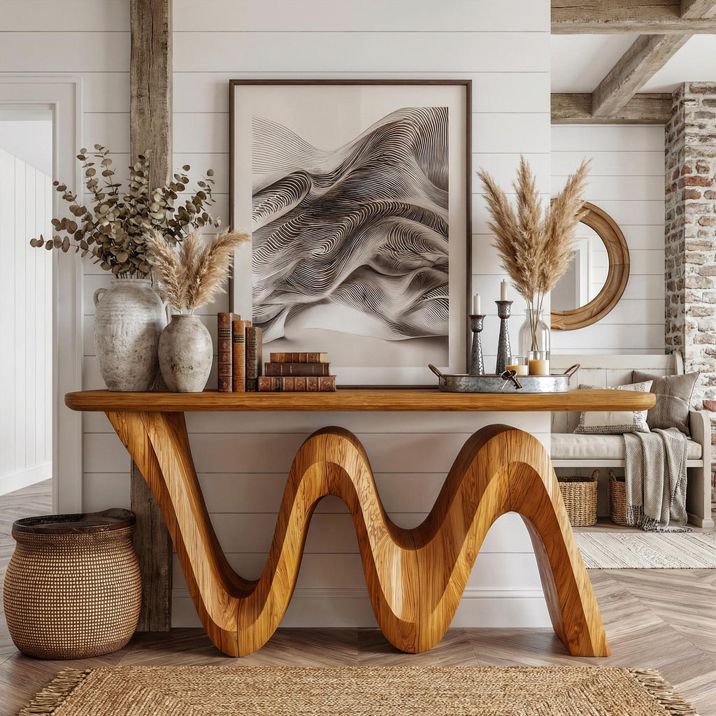 Organic Flow Console Table, Solid Wood Sculptural Wave Base Entryway Sofa Table for Hallway