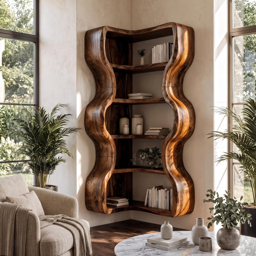 Statement Bookshelf Handcrafted Wavy Design For Living Room