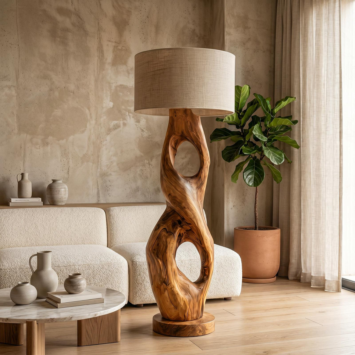 Rustic Floor Lamp with Handcrafted Hollow Wood Sculpture Base, Artistic Standing Light