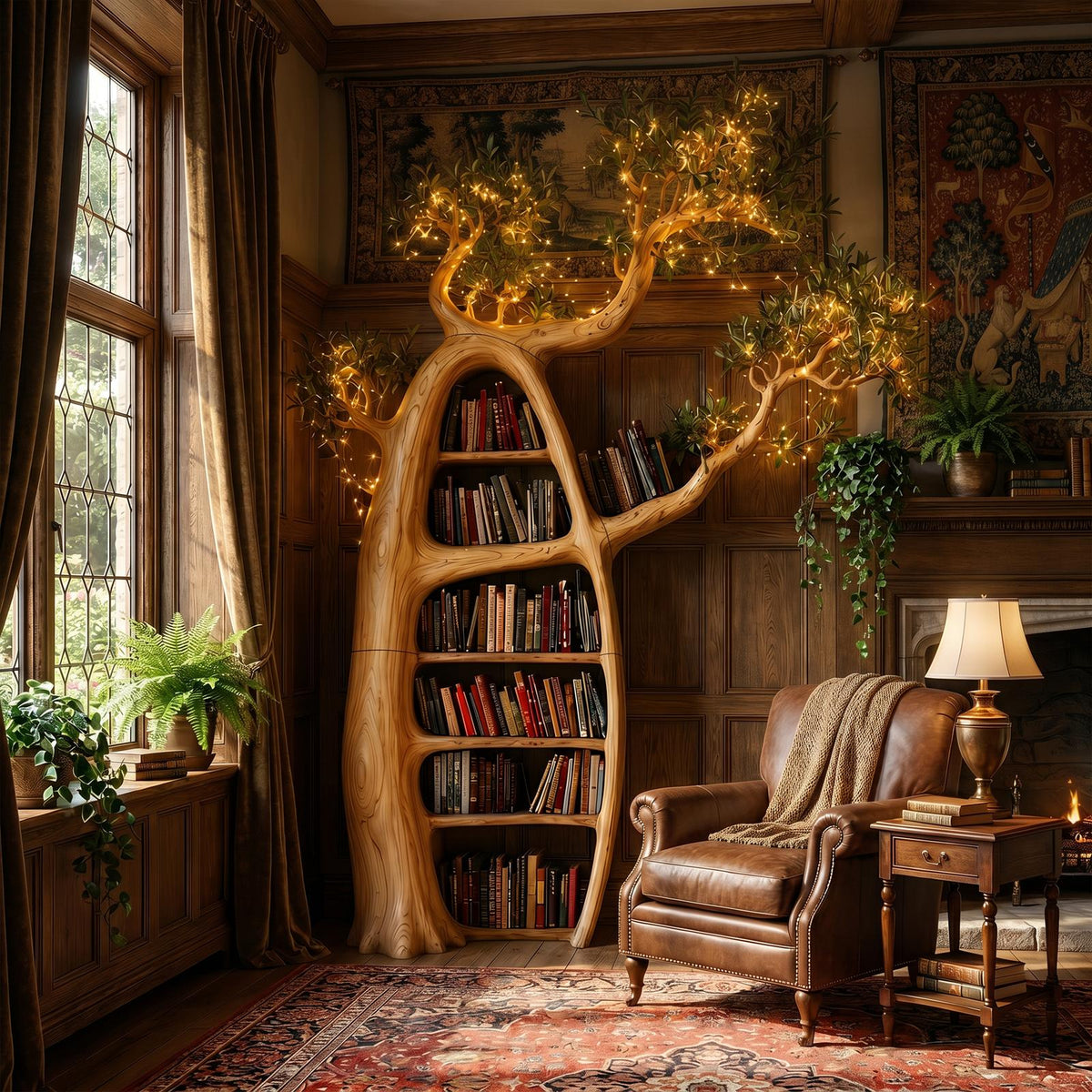 Artistic Tree Bookshelf with Illuminated Branch Crown, Handcrafted Wall Tree Shelf