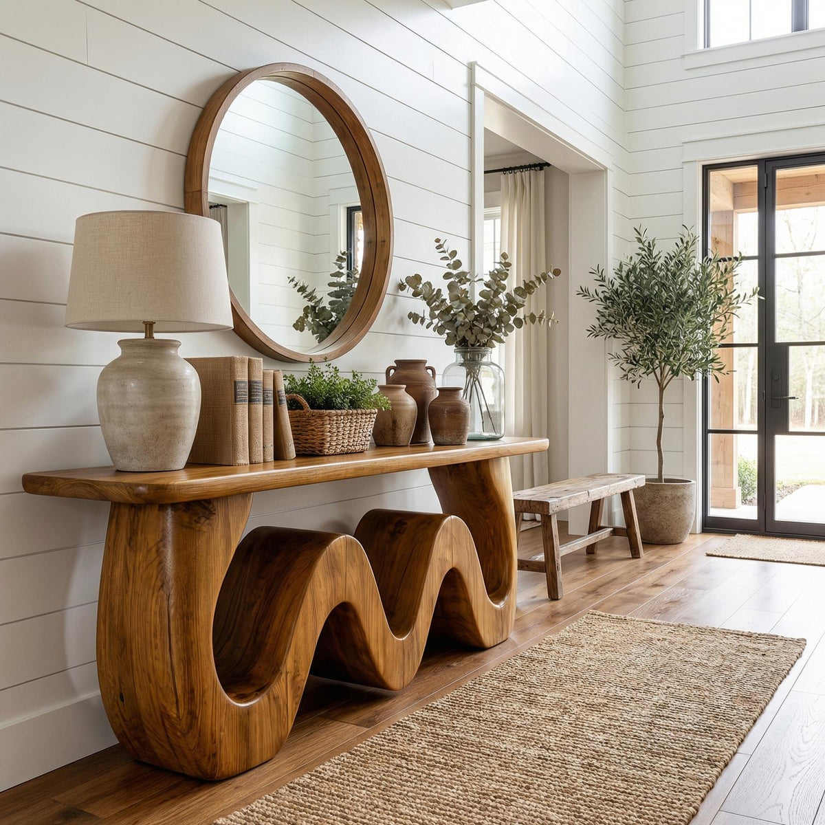 Organic Wave Console Table, Solid Wood Sculptural Curved Entryway Sofa Table for Living Room