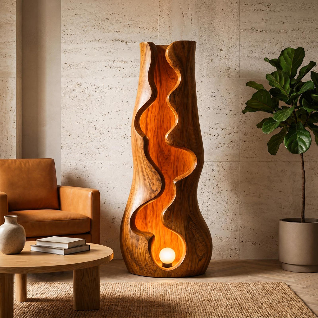 Organic Floor Lamp with Sculptural Wave Wood Design, Modern Standing Light for Living Room