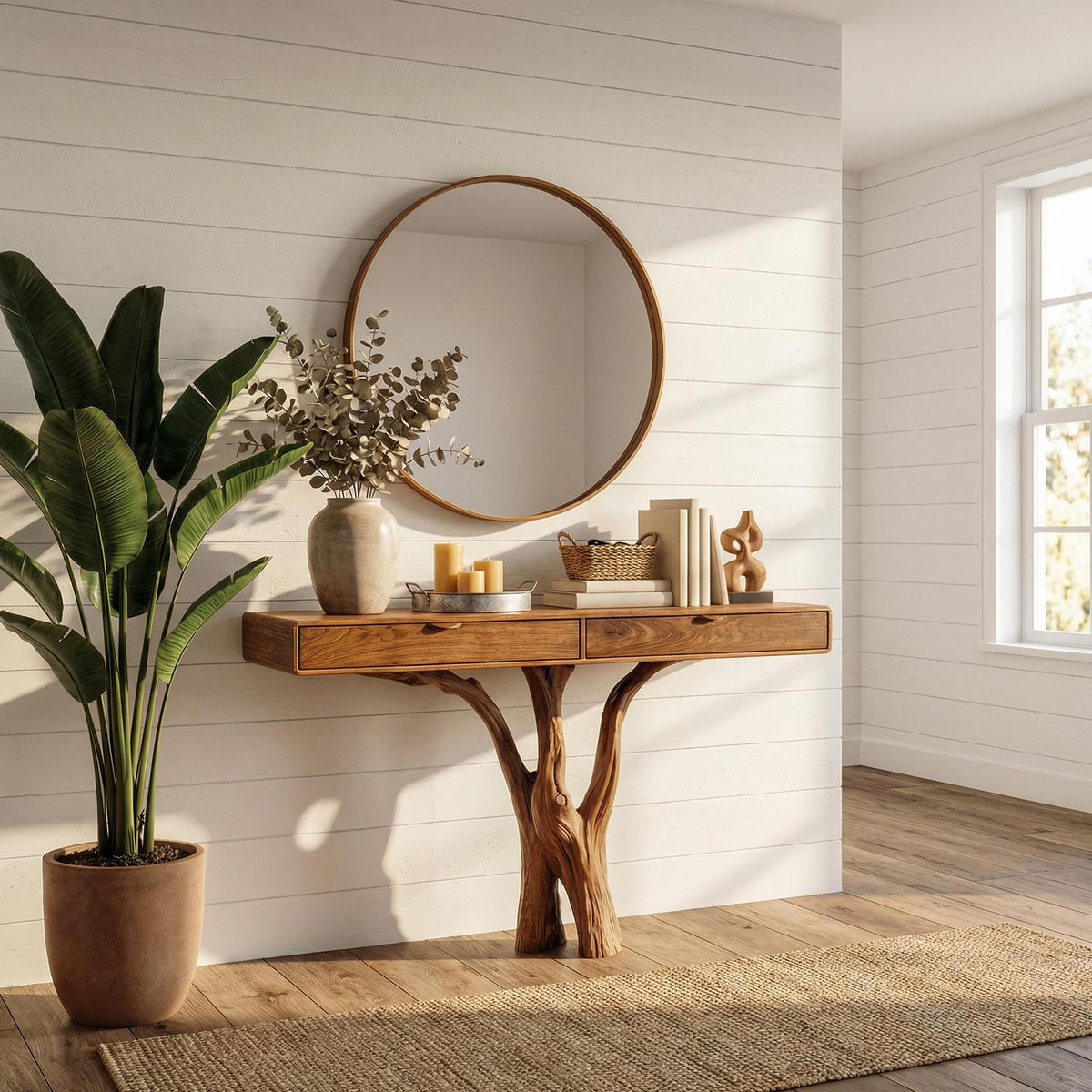 Sculptural Tree Console Table, Solid Wood Branch Pedestal Entryway Sofa Table for Living Room
