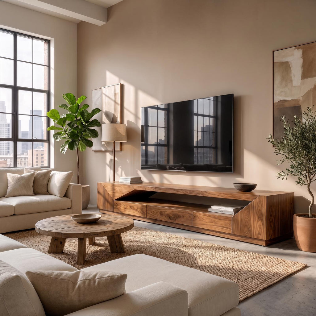 Minimal TV Console with Natural Wood Grain, Modern Wooden Media Cabinet Sideboard