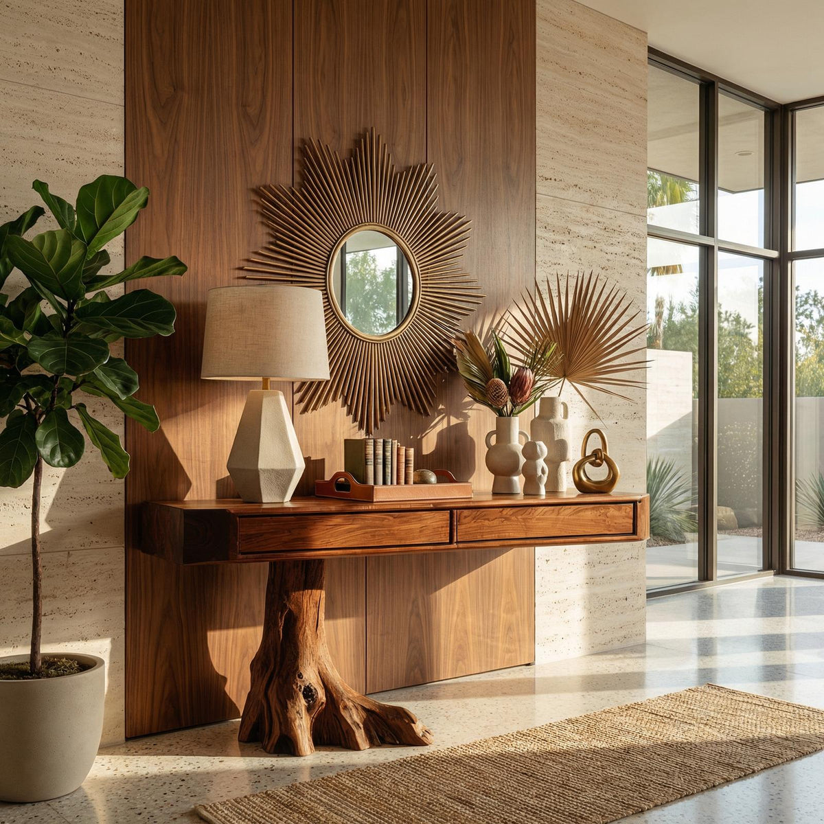 Rustic Tree Root Console Table, Solid Wood Natural Slab Entryway Sofa Table for Foyer & Hallway