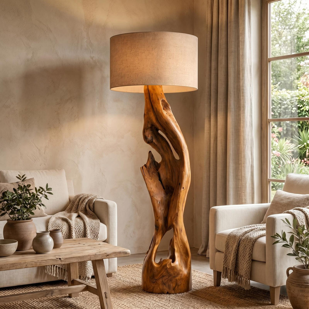 Sculptural Floor Lamp with Solid Wood Open Form Design, Modern Tall Standing Light