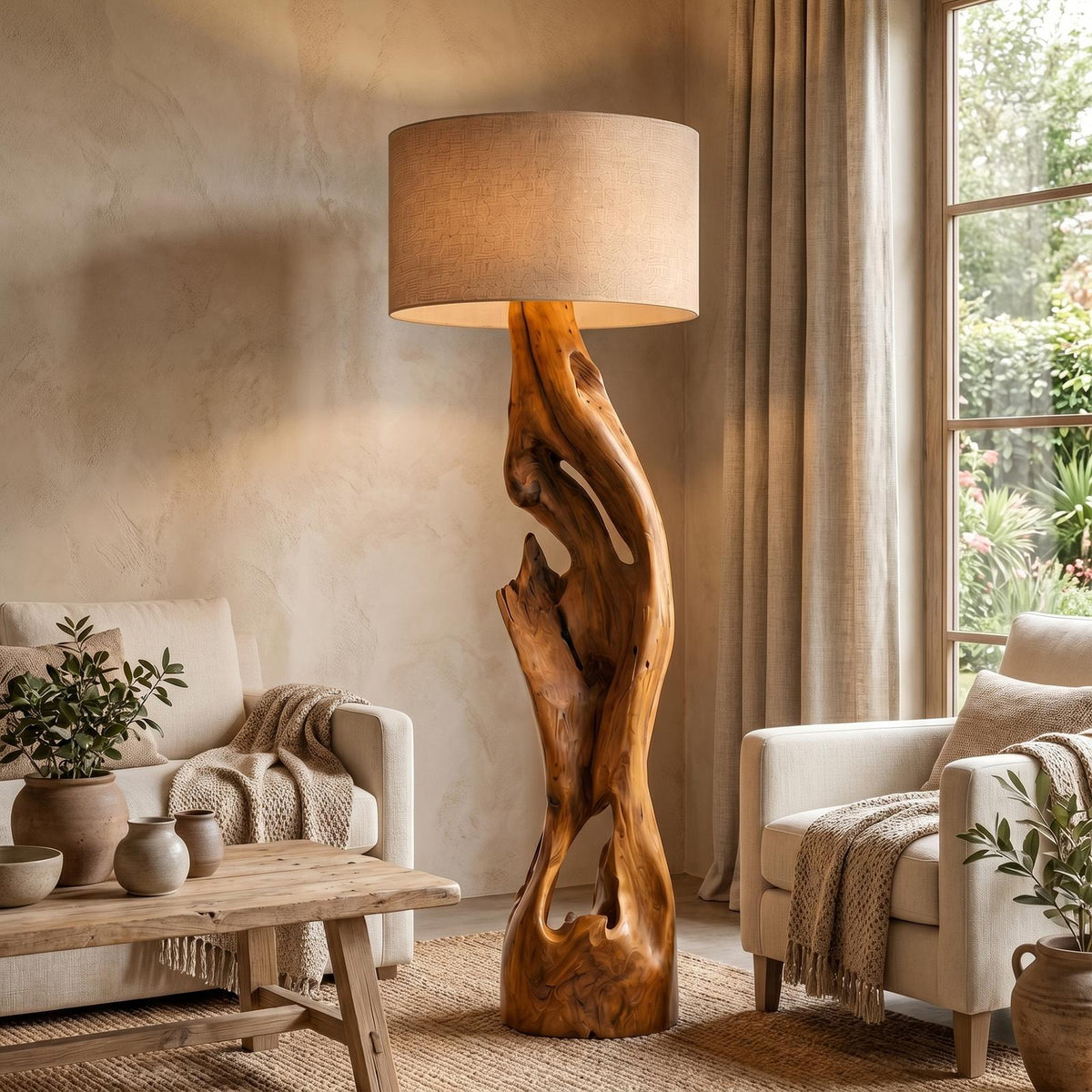 Sculptural Floor Lamp with Solid Wood Open Form Design, Modern Tall Standing Light